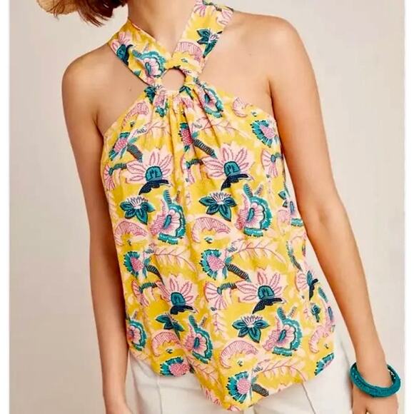 Anthropologie Maeve Mica Yellow Floral Halter Neck Tank Top Women's 12 - Picture 1 of 7